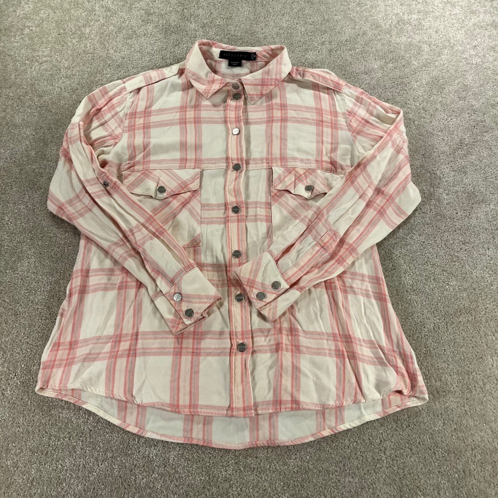 Sanctuary‎ Boyfriend Shirt Womens Medium Pink Plaid Rayon Button Up